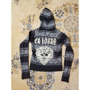 Vtg Ed Hardy Black Bandana Hoody Women M Zip Jacket Sweatshirt Medium Lion Y2k